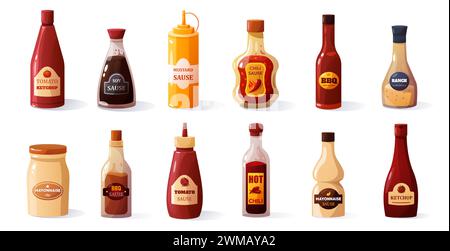 Cartoon sauces. Different ketchup mustard mayo soy sauce, sweet and spicy food condiments in bottles and jars. Vector colorful set Stock Vector