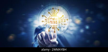 Man touching an AI chip with fake news, AI-generated fake news concept Stock Photo