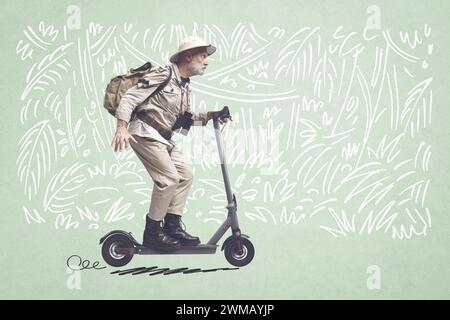 Vintage style explorer riding an e-scooter and sketched jungle in the background Stock Photo