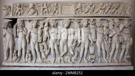 Sarcophagus. Drunken Dionysus held up by a Satyr and the Seasons. Marble. 4th century AD. Unknown provenance. National Roman Museum ( Baths of Dioclet Stock Photo