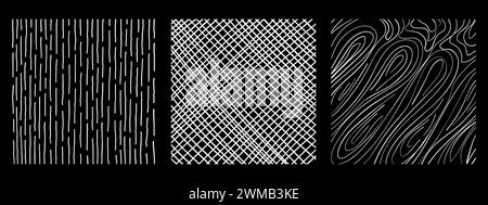Graphic vector freehand textures set with different hand drawn squares patterns. Pencil lines on black background Stock Vector