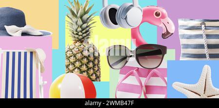 Collage of colorful pastel beach accessories and summer vacation items Stock Photo