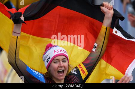 Winterberg, Germany. 25th Feb, 2024. Bobsleigh: World Championships, monobob, women, 4th run. Laura Nolte from Germany celebrates after her victory. Credit: Robert Michael/dpa/Alamy Live News Stock Photo