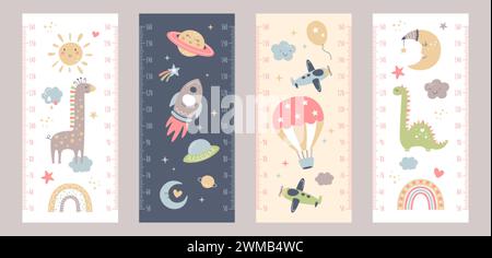 Baby height growth chart with cute animals, rainbow, cloud, sun, moon, balloon, rocket and galaxy space in boho cartoon style. Childish meter wall, kids measuring ruler for nursery vector illustration Stock Vector