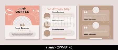 Customer service review template, testimonial posts for social media or website. Product rate feedback. Web banners or story set design of client opinion with gold stars, user icon and text messaging. Stock Vector