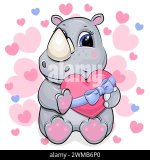 Cute cartoon rhino holding a heart with blue ribbon. Vector illustration of an animal on a white background with many pink hearts. Stock Vector