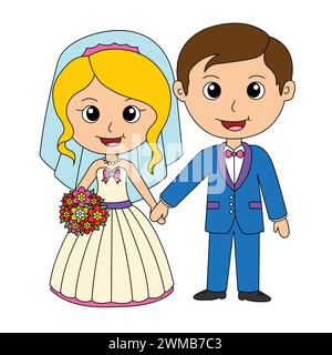 Cartoon Wedding Couple Coloring Page. Bride And Groom Illustration. Cute Marriage Scene. Just Married Illustration. Wedding Ceremony Act. Groom Wearin Stock Vector