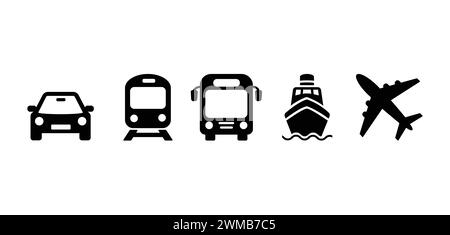 Transportation Icon Set On White Background. Air, Auto, Railway Transport Icons For Apps And Websites. Car, Bus, Train, Metro, Plane, Airplane, Ship Stock Vector