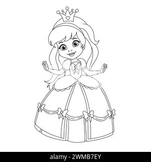 Beautiful Princess Coloring Page. Magical And Cute Coloring Book For Children. Outlined Illustration Of A Little Princess. Pretty Cartoon Princess Stock Vector