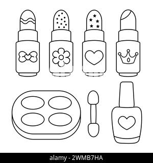 Makeup Coloring Beauty Accessories. Make-up Tools Outline Coloring Pages. Cartoon Cosmetic Objects. Cosmetics Concept Illustration. Beauty And Fashion Stock Vector