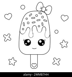 Sweet Ice Cream Coloring Page. Kawaii Ice-Cream Vector Illustration. Cartoon Popsicle. Black And White Outline Illustration Isolated On A White Backgr Stock Vector