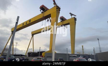 Two cranes perched on a parking lot surrounded by vehicles and building Stock Photo