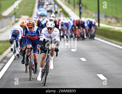 Kortrijk, Belgium. 25th Feb, 2024. The pack of riders pictured in action during the Kuurne-Brussels-Kuurne one day cycling race, 196, 4 km from Kuurne to Kuurne via Brussels, Sunday 25 February 2024. BELGA PHOTO JASPER JACOBS Credit: Belga News Agency/Alamy Live News Stock Photo