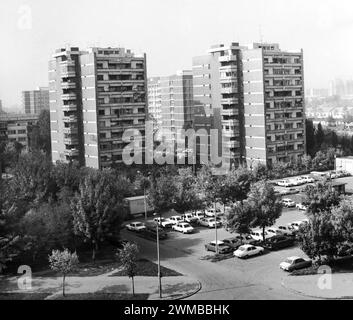 View a neighborhood of new apartment buildings in Bucharest, Socialist Republic of Romania, approx. 1978 Stock Photo