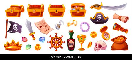 Pirate trophy. Cartoon robbers treasures, gems and gold coins, open and closed wooden chests, crown, skull and black flag. Map, sward and bottle Stock Vector