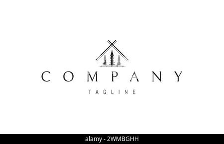 A vector logo with an abstract image of three pine trees under the roof of a hut. Stock Vector