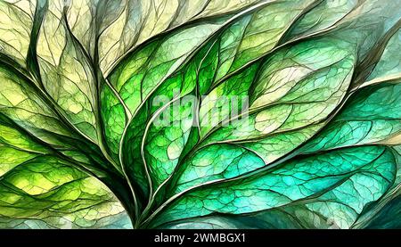 Abstract green natural leaf structure transparant translucent fractal themed backdrop illustration in glass texture Stock Photo