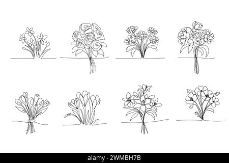 line art, bouquet of flowers, single line drawing. black line, tulips, daffodils, roses. Spring flowers vector illustration Stock Vector