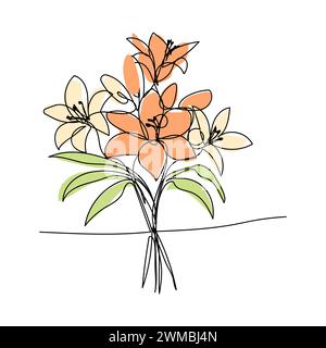line art, bouquet of lily flowers spring and summer, drawing with one line. vector white background Stock Vector
