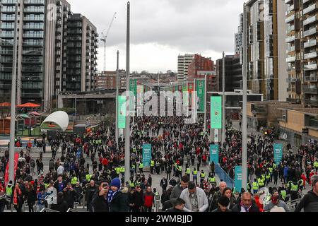 London, UK. 25th Feb, 2024. Fans make their way to Wembley down Olympic Way during the Carabao Cup Final match Chelsea vs Liverpool at Wembley Stadium, London, United Kingdom, 25th February 2024 (Photo by Gareth Evans/News Images) in London, United Kingdom on 2/25/2024. (Photo by Gareth Evans/News Images/Sipa USA) Credit: Sipa USA/Alamy Live News Stock Photo