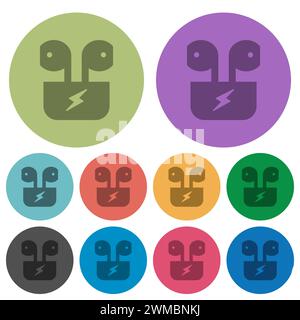 Charging wireless earphones solid darker flat icons on color round background Stock Vector