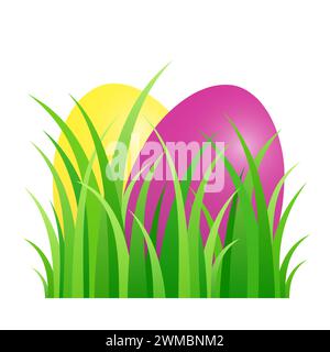 Easter eggs hidden in green grass. Colored Paschal eggs, arranged in a piece of lawn. A symbol for an egg hunt. Stock Photo