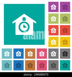 Cuckoo clock solid multi colored flat icons on plain square backgrounds. Included white and darker icon variations for hover or active effects. Stock Vector