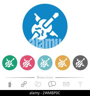 Double bass and bow solid flat white icons on round color backgrounds. 6 bonus icons included. Stock Vector