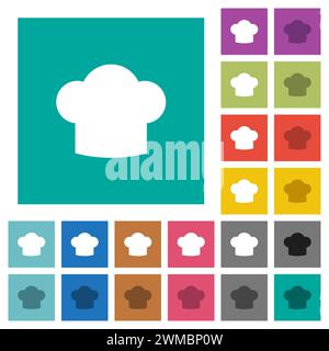 Chef hat solid multi colored flat icons on plain square backgrounds. Included white and darker icon variations for hover or active effects. Stock Vector