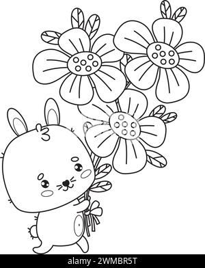 Cute bunny with bouquet of flowers. Funny outline kawaii animal character. Vector illustration. Line drawing, coloring book. Kids collection. Stock Vector