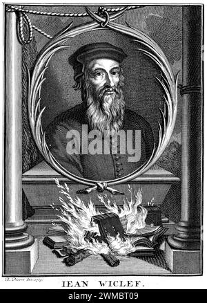 John Wycliffe , Portrait of John Wycliffe by Bernard Picart, showing the burning of his works (1714) John Wycliffe (1328 – 1384) English philosopher, theologian, Catholic priest Stock Photo