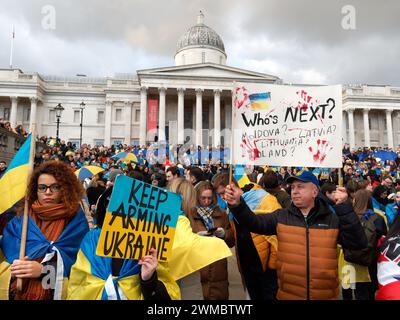 View of protest banners in Trafalgar Square London on the 24 February 2024 second anniversary of the Russian invasion of Ukraine Stock Photo