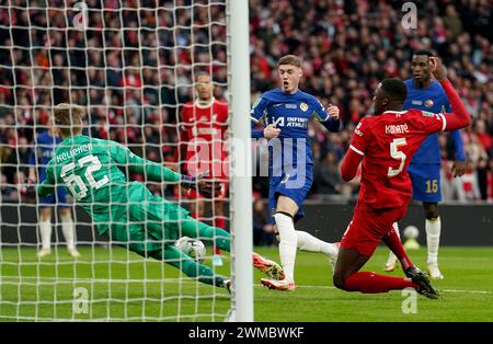 Chelsea's Cole Palmer (left) has a shot at goal from a direct free kick ...