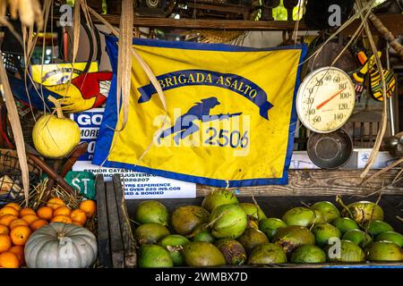 Miami, FL - US - Feb 10, 2024 View of a colorful Fruteria on Calle Ocho in Little Havana, displaying a banner of the Brigado Asalto 2506 hanging among Stock Photo