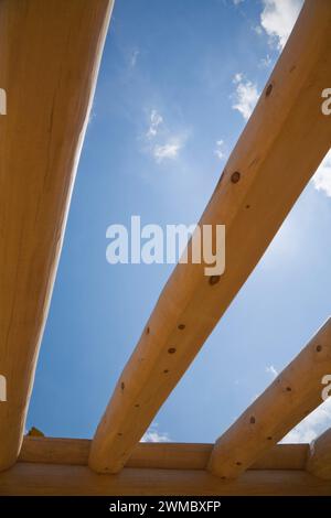Row of Eastern white pine logs to support the floor on unfinished Scandinavian log cabin home. Stock Photo