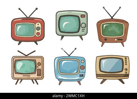 Hand drawn comic retro TV vector set isolated.  Stock Vector