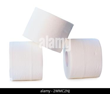 Front view of tissue paper rolls in stack is isolated on white background with clipping path. Stock Photo