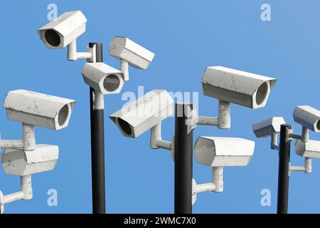 CCTV surveillance everywhere to track activities of individuals and counter terrorism. Illustration of the concept of mass surveillance Stock Photo