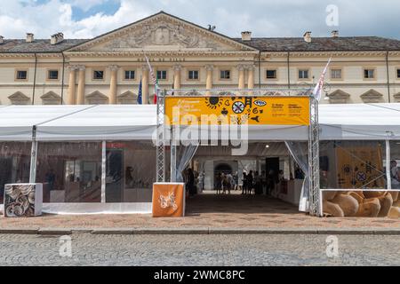 The pavilion of the 70th Exhibition-Competition of Traditional Handicraft of Aosta Valley, held from 22 to 30 july 2023 in Piazza Emile Chanoux square Stock Photo