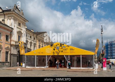 The pavilion of the 70th Exhibition-Competition of Traditional Handicraft of Aosta Valley, held from 22 to 30 july 2023 in Piazza Emile Chanoux, Aosta Stock Photo
