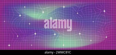 Gradient background with wavy checkered pattern with stars. Groovy retro abstract blurred gradient mesh background 90s 2000s. Purple lilac green blue Stock Vector