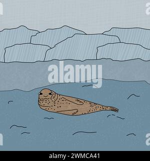 Leopard seal. Vector hand drawn cartoon illustration of arctic animal in Antarctica. Polar textured illustration with background Stock Vector