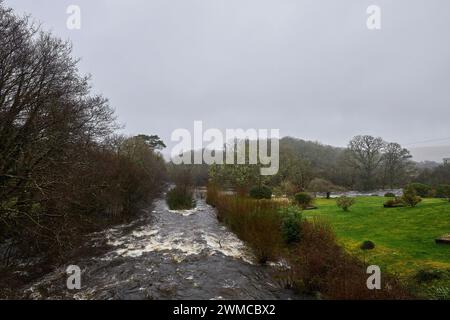 Dartmeet, Dartmoor, United Kingdom, 25th Feb, 2024. Heavy Rain and Flooding on the River Dart on Dartmoor. Credit: Will Tudor/Alamy Live News Stock Photo