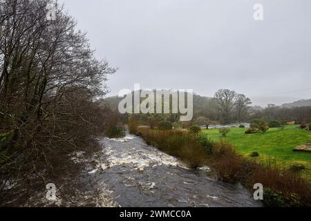 Dartmeet, Dartmoor, United Kingdom, 25th Feb, 2024. Heavy Rain and Flooding on the River Dart on Dartmoor. Credit: Will Tudor/Alamy Live News Stock Photo