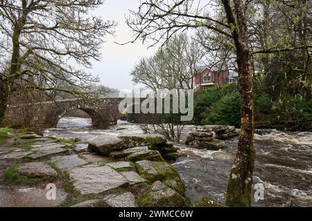 Dartmeet, Dartmoor, United Kingdom, 25th Feb, 2024. Heavy Rain and Flooding on the River Dart on Dartmoor. Credit: Will Tudor/Alamy Live News Stock Photo