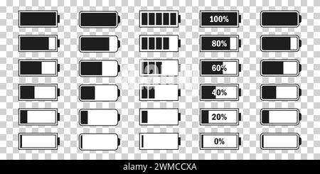 Level battery energy icon set. Powerfully full and power low up status batteries. Energy reusing concept. Alkaline tags. Battery charging point, charg Stock Vector