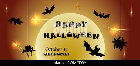 Halloween banner. Party welcome horizontal poster. Black silhouette spider on cobweb and bat. October trick or treat. holiday. Sale seasonal advertising. Horror night event. Vector spiderweb design Stock Vector