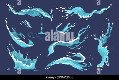 Water wave. Ocean circle splash spray or game liquid falling drop, fluid stream and drip animation symbols. Clean fresh aqua different shapes, blue flowing particles. Vector cartoon isolated set Stock Vector