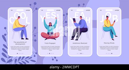 Mobile app. Online phone service. People using smartphones. Persons with laptops. Onboarding screen. Career ambition. Job management. Possibility development. Cellphone website pages vector design set Stock Vector