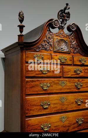 The Chippendale Style Mahogany and sabicu hardwood high chest made by Philadelphia craftsman during 1750-1765 display in National Gallery of Art.Washington DC.USA Stock Photo